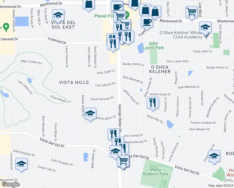 map of restaurants, bars, coffee shops, grocery stores, and more near 11429 Randy Petri Lane in El Paso