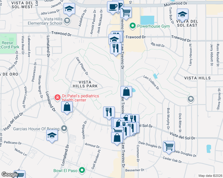 map of restaurants, bars, coffee shops, grocery stores, and more near 1601 Lee Trevino Drive in El Paso
