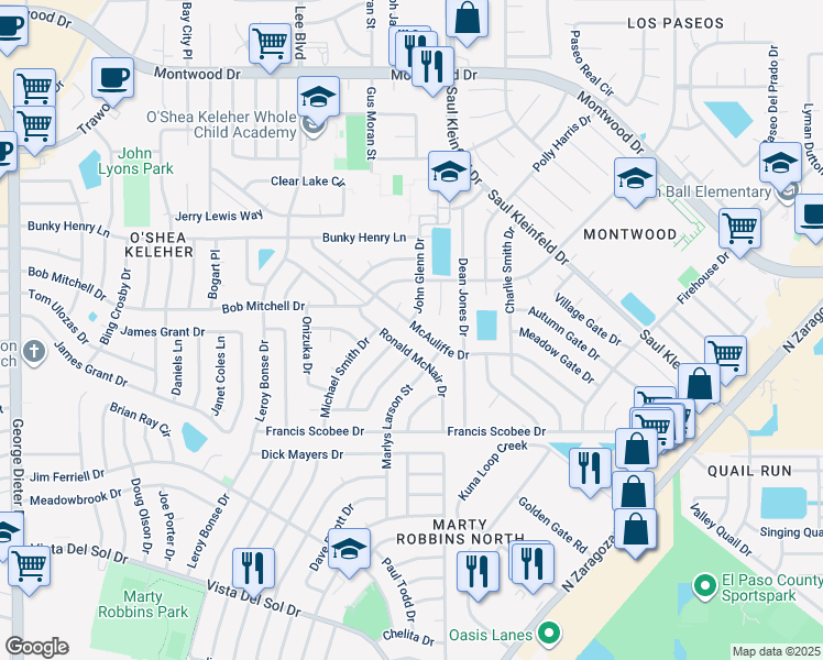 map of restaurants, bars, coffee shops, grocery stores, and more near 11740 McAuliffe Drive in El Paso