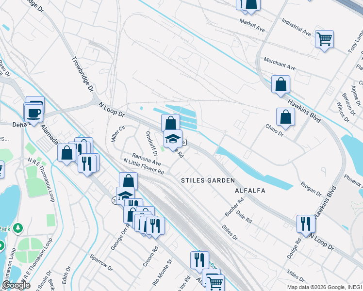 map of restaurants, bars, coffee shops, grocery stores, and more near 7111 North Loop Drive in El Paso