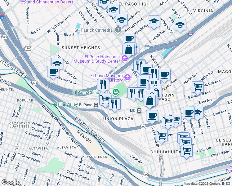 map of restaurants, bars, coffee shops, grocery stores, and more near 505 North Santa Fe Street in El Paso