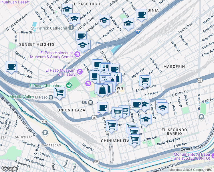map of restaurants, bars, coffee shops, grocery stores, and more near 201 North Mesa Street in El Paso
