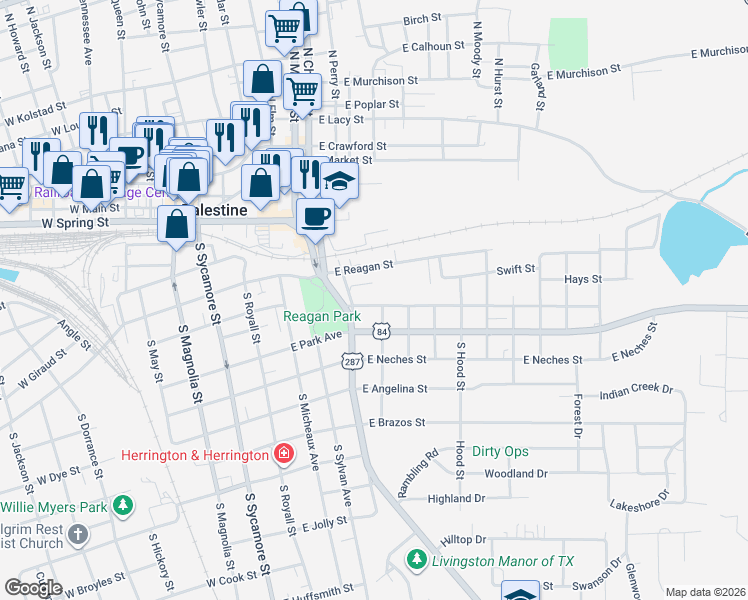 map of restaurants, bars, coffee shops, grocery stores, and more near 546 East Reagan Street in Palestine