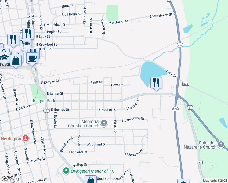 map of restaurants, bars, coffee shops, grocery stores, and more near 1305 East Lamar Street in Palestine