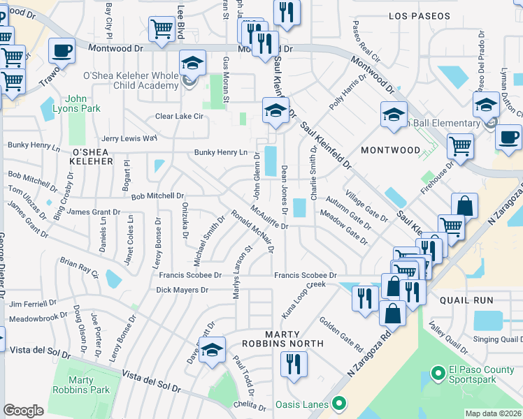 map of restaurants, bars, coffee shops, grocery stores, and more near 11749 McAuliffe Drive in El Paso