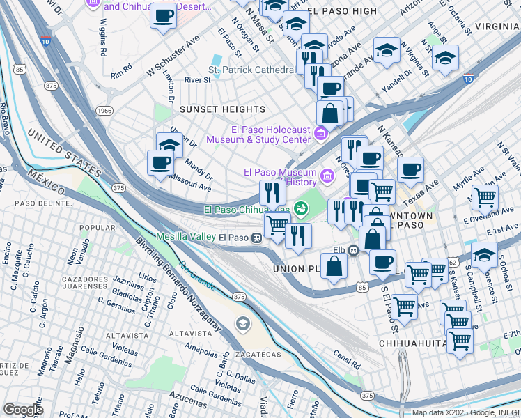 map of restaurants, bars, coffee shops, grocery stores, and more near 111 North Coldwell Street in El Paso