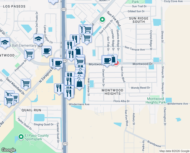map of restaurants, bars, coffee shops, grocery stores, and more near 12309 Carlos Bombach Avenue in El Paso