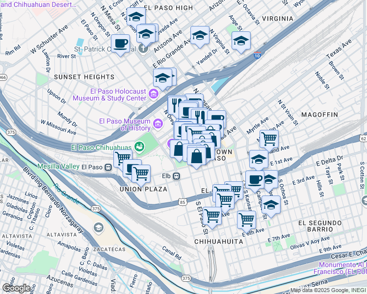 map of restaurants, bars, coffee shops, grocery stores, and more near in El Paso