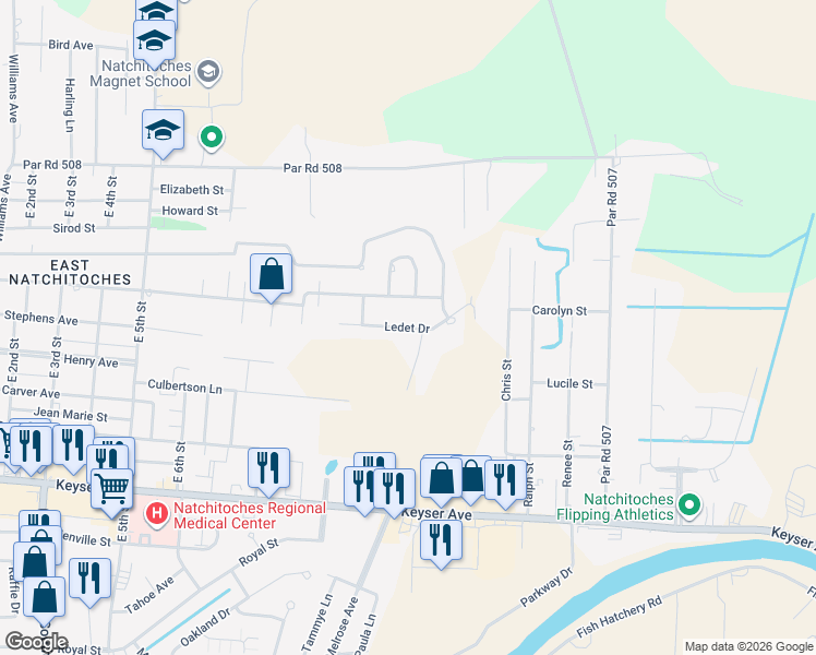 map of restaurants, bars, coffee shops, grocery stores, and more near Ledet Dr in Natchitoches