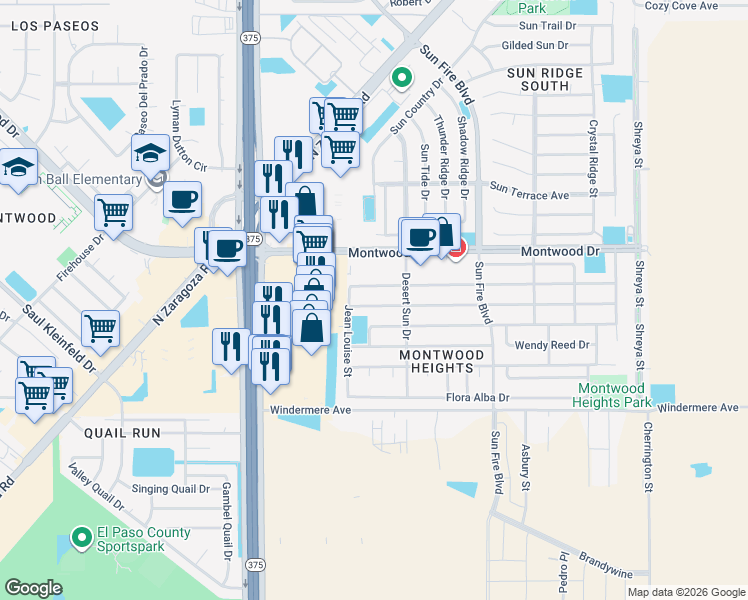map of restaurants, bars, coffee shops, grocery stores, and more near 12309 Carlos Bombach Avenue in El Paso