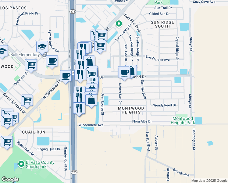 map of restaurants, bars, coffee shops, grocery stores, and more near 12345 Carlos Bombach Avenue in El Paso