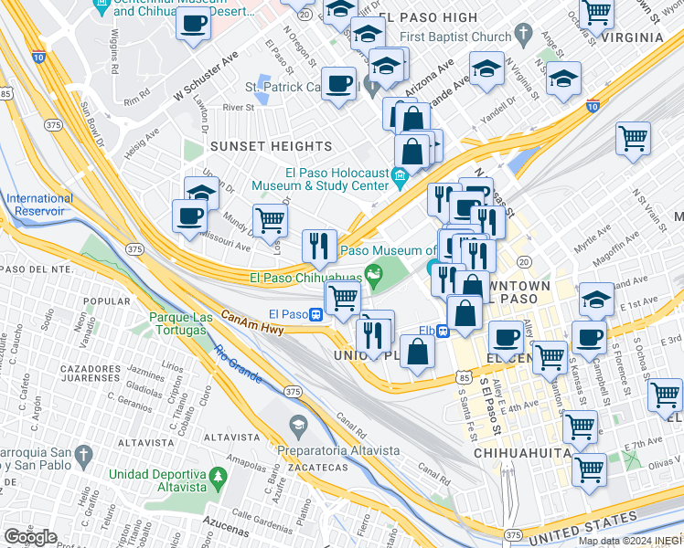 map of restaurants, bars, coffee shops, grocery stores, and more near 507 West Missouri Avenue in El Paso