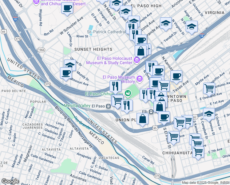 map of restaurants, bars, coffee shops, grocery stores, and more near 111 North Coldwell Street in El Paso