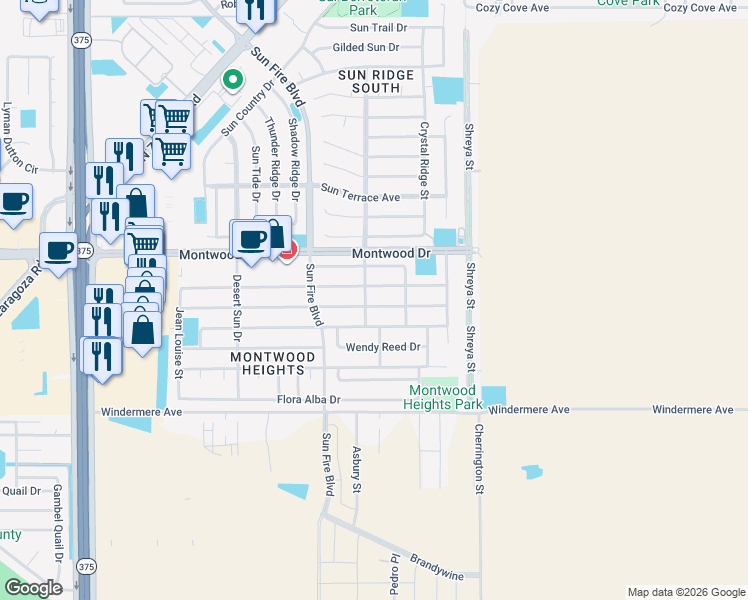 map of restaurants, bars, coffee shops, grocery stores, and more near 12521 Angie Bombach Avenue in El Paso