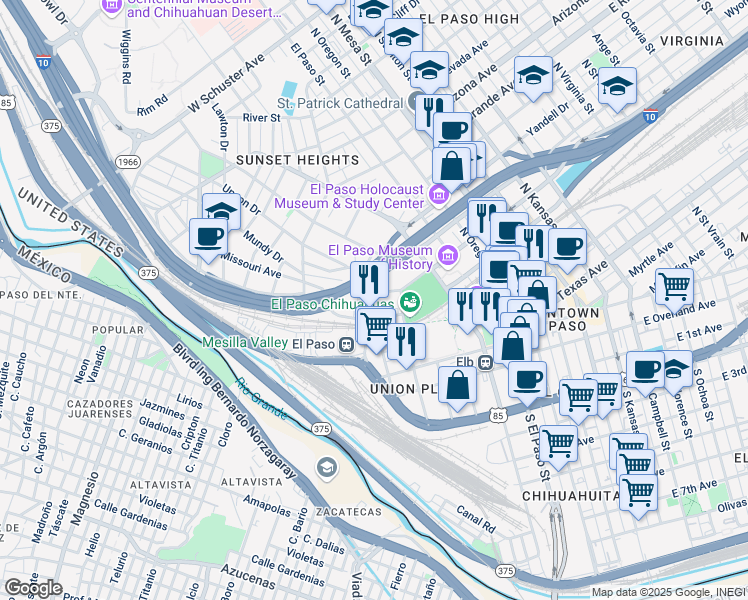 map of restaurants, bars, coffee shops, grocery stores, and more near 507 West Missouri Avenue in El Paso
