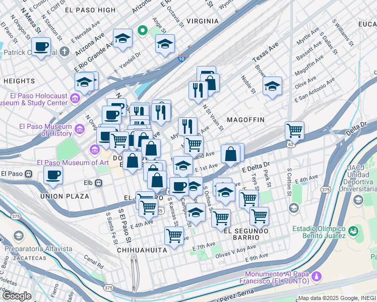 map of restaurants, bars, coffee shops, grocery stores, and more near 700 East San Antonio Avenue in El Paso