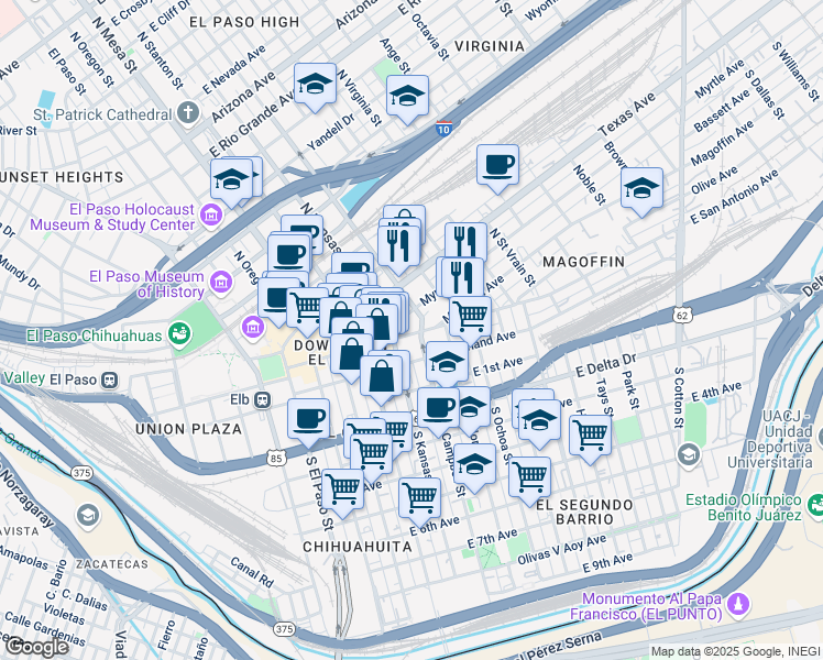 map of restaurants, bars, coffee shops, grocery stores, and more near 511 East San Antonio Avenue in El Paso