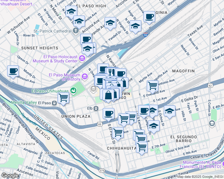 map of restaurants, bars, coffee shops, grocery stores, and more near 111 East Mills Avenue in El Paso