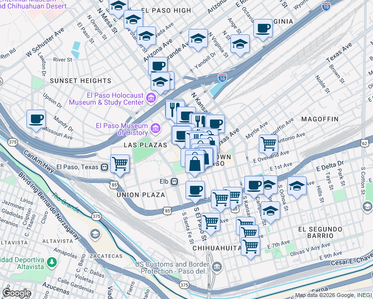 map of restaurants, bars, coffee shops, grocery stores, and more near 303 North Oregon Street in El Paso