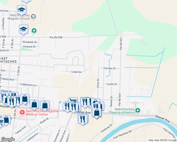 map of restaurants, bars, coffee shops, grocery stores, and more near Ledet Dr in Natchitoches