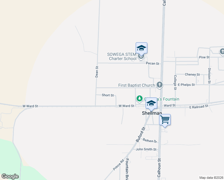 map of restaurants, bars, coffee shops, grocery stores, and more near 66 West Phelps Street in Shellman