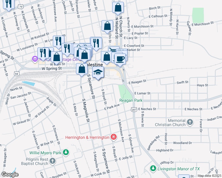 map of restaurants, bars, coffee shops, grocery stores, and more near 215 South Micheaux Avenue in Palestine