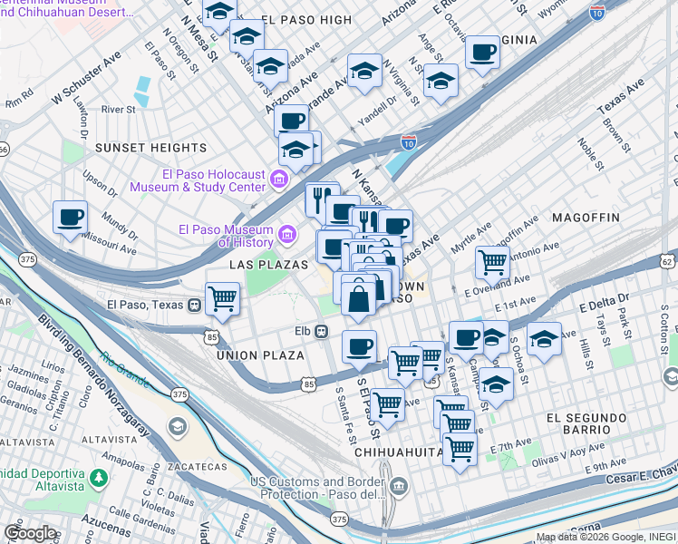 map of restaurants, bars, coffee shops, grocery stores, and more near 303 North Oregon Street in El Paso