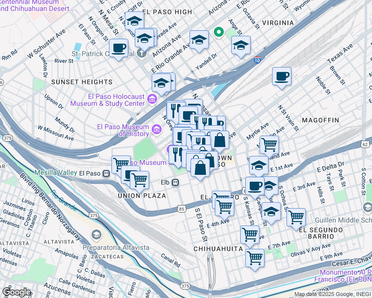 map of restaurants, bars, coffee shops, grocery stores, and more near in El Paso