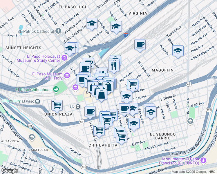 map of restaurants, bars, coffee shops, grocery stores, and more near 401 Myrtle Avenue in El Paso