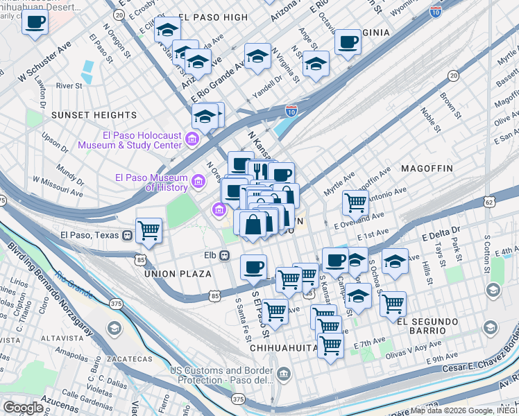 map of restaurants, bars, coffee shops, grocery stores, and more near 215 North Mesa Street in El Paso