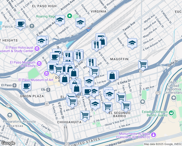 map of restaurants, bars, coffee shops, grocery stores, and more near 700 East San Antonio Avenue in El Paso