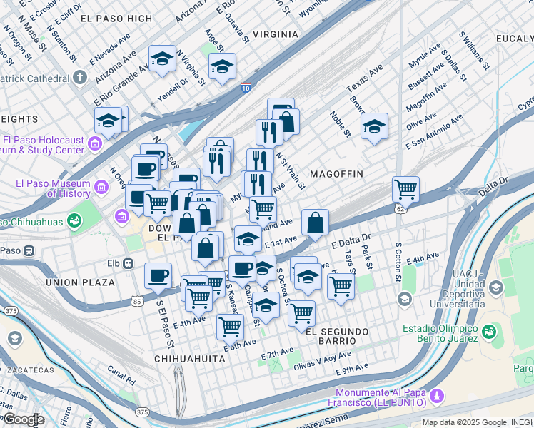 map of restaurants, bars, coffee shops, grocery stores, and more near 717 East San Antonio Avenue in El Paso
