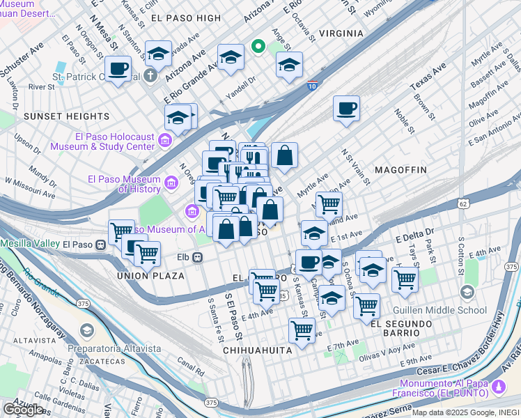 map of restaurants, bars, coffee shops, grocery stores, and more near 203 North Stanton Street in El Paso