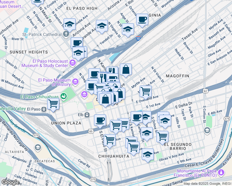 map of restaurants, bars, coffee shops, grocery stores, and more near 304 Texas Avenue in El Paso