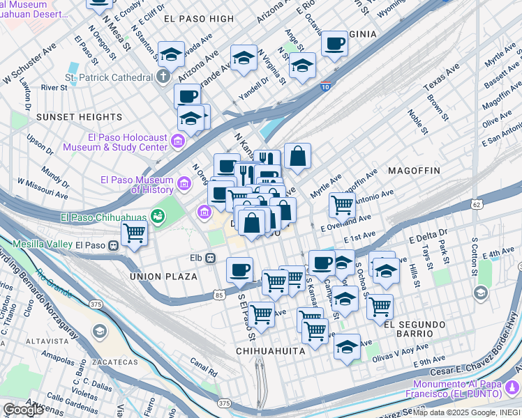 map of restaurants, bars, coffee shops, grocery stores, and more near 211 Texas Avenue in El Paso