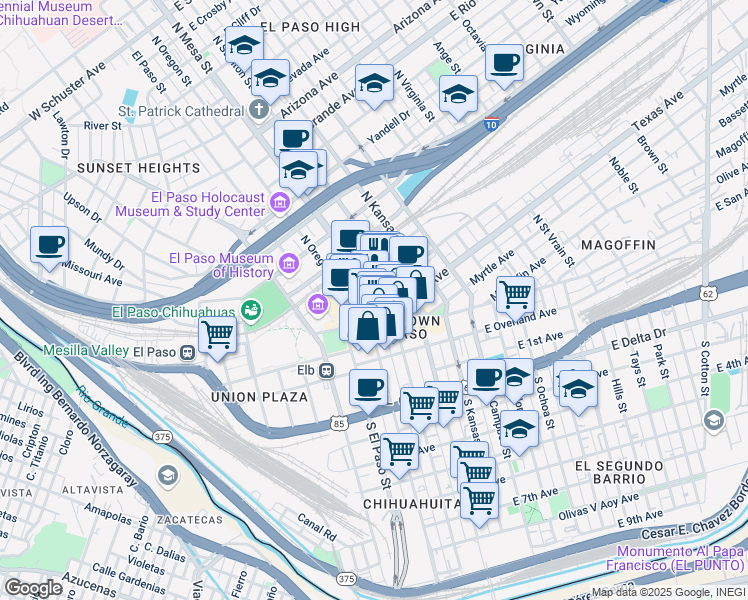 map of restaurants, bars, coffee shops, grocery stores, and more near 201 North Mesa Street in El Paso