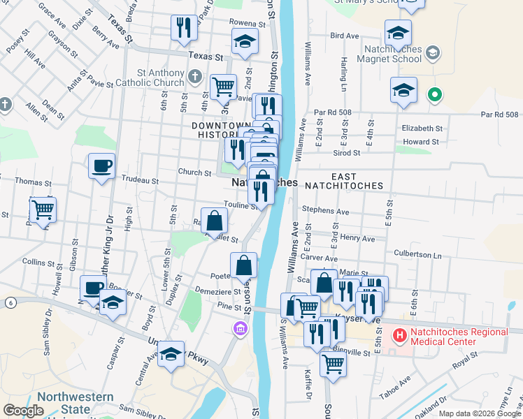 map of restaurants, bars, coffee shops, grocery stores, and more near 118 Touline Street in Natchitoches