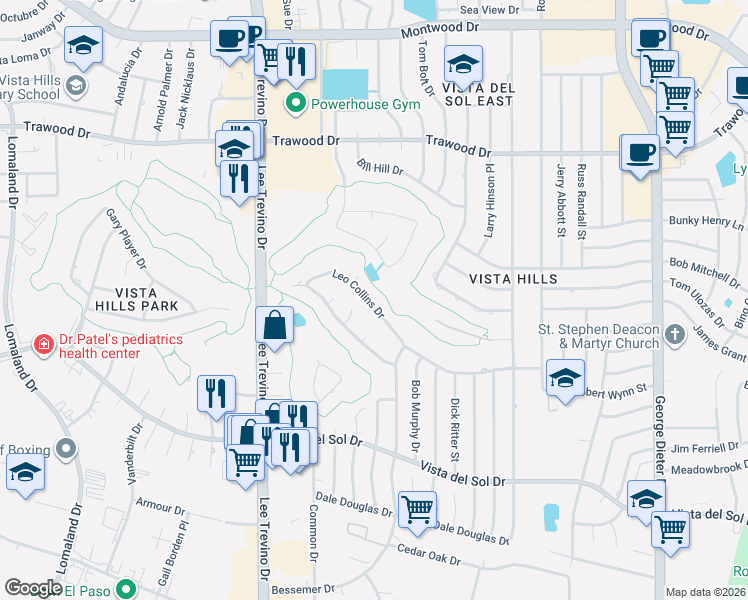 map of restaurants, bars, coffee shops, grocery stores, and more near 11205 Leo Collins Dr in El Paso