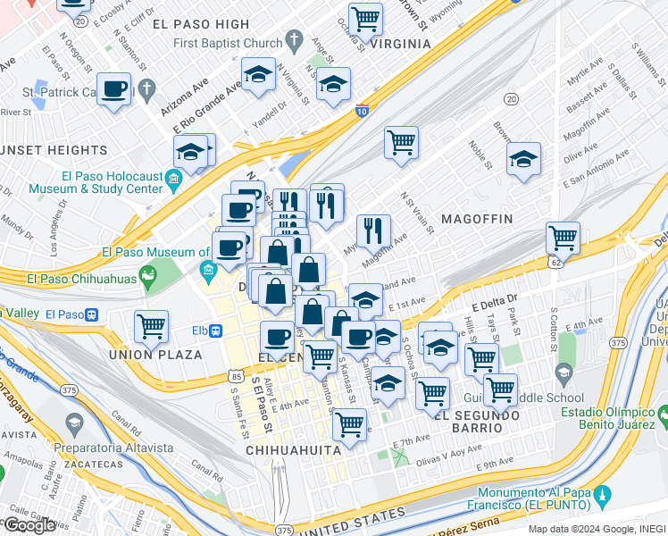 map of restaurants, bars, coffee shops, grocery stores, and more near 511 East San Antonio Avenue in El Paso