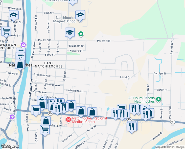 map of restaurants, bars, coffee shops, grocery stores, and more near 100-112 Cassie Circle in Natchitoches