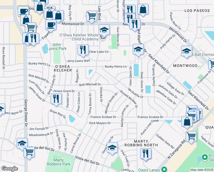 map of restaurants, bars, coffee shops, grocery stores, and more near 11646 Bob Mitchell Drive in El Paso