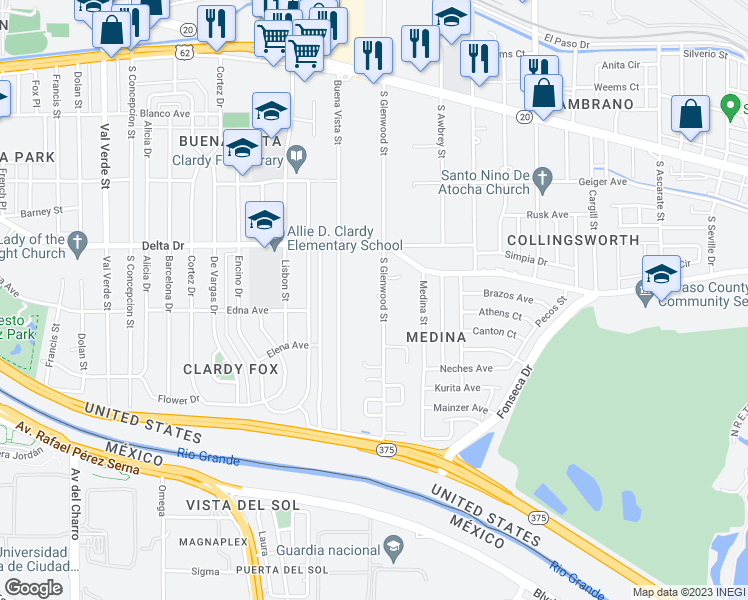 map of restaurants, bars, coffee shops, grocery stores, and more near 343 South Glenwood Street in El Paso