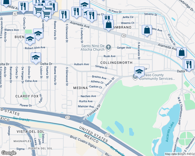 map of restaurants, bars, coffee shops, grocery stores, and more near 6000 Brazos Avenue in El Paso