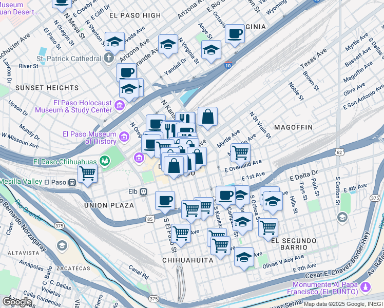 map of restaurants, bars, coffee shops, grocery stores, and more near 203 North Stanton Street in El Paso