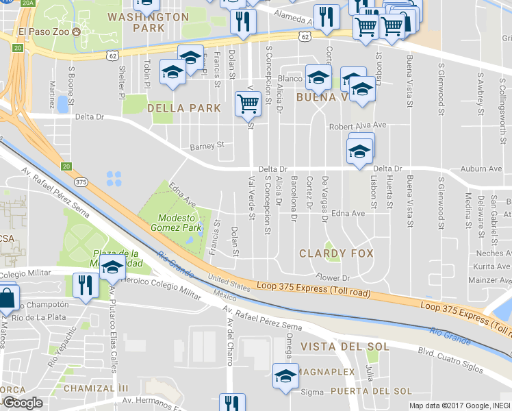 map of restaurants, bars, coffee shops, grocery stores, and more near 580 Val Verde Street in El Paso