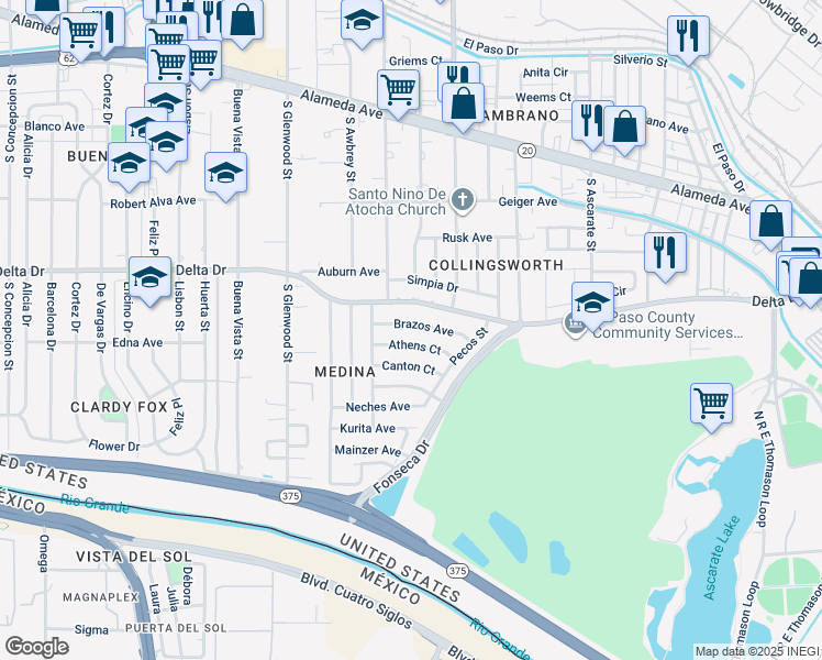map of restaurants, bars, coffee shops, grocery stores, and more near 6000 Brazos Avenue in El Paso