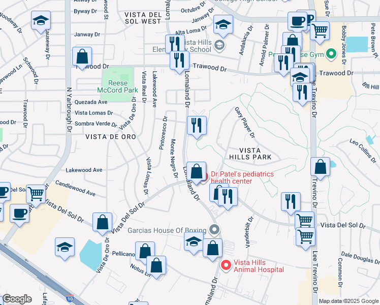 map of restaurants, bars, coffee shops, grocery stores, and more near 1642 Lomaland Drive in El Paso
