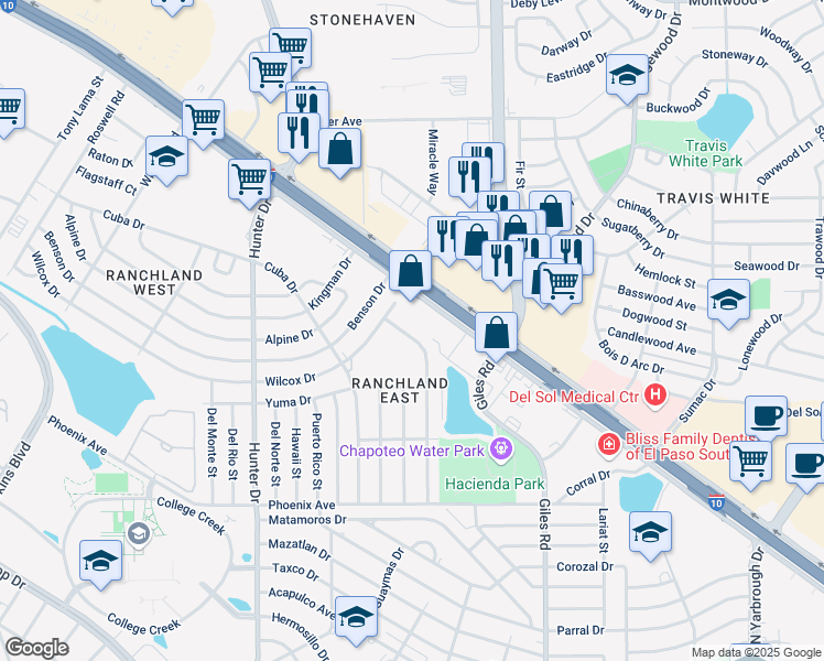map of restaurants, bars, coffee shops, grocery stores, and more near 1222 Prescott Drive in El Paso