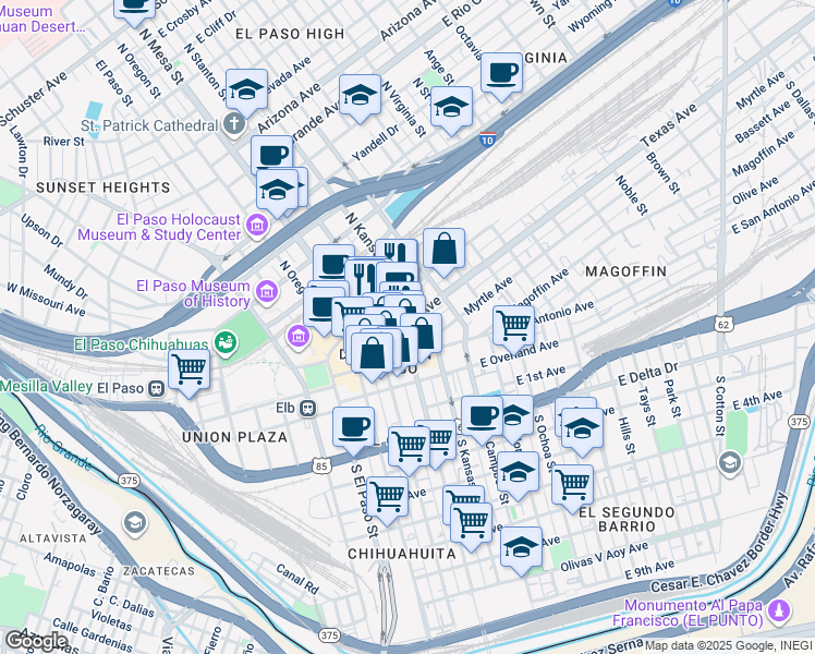 map of restaurants, bars, coffee shops, grocery stores, and more near 203 North Stanton Street in El Paso