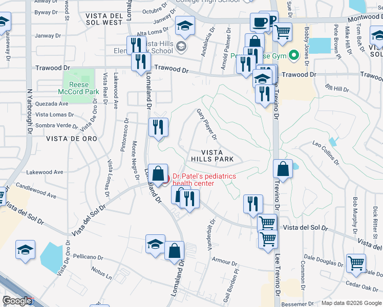 map of restaurants, bars, coffee shops, grocery stores, and more near 10900 Dave Marr Court in El Paso